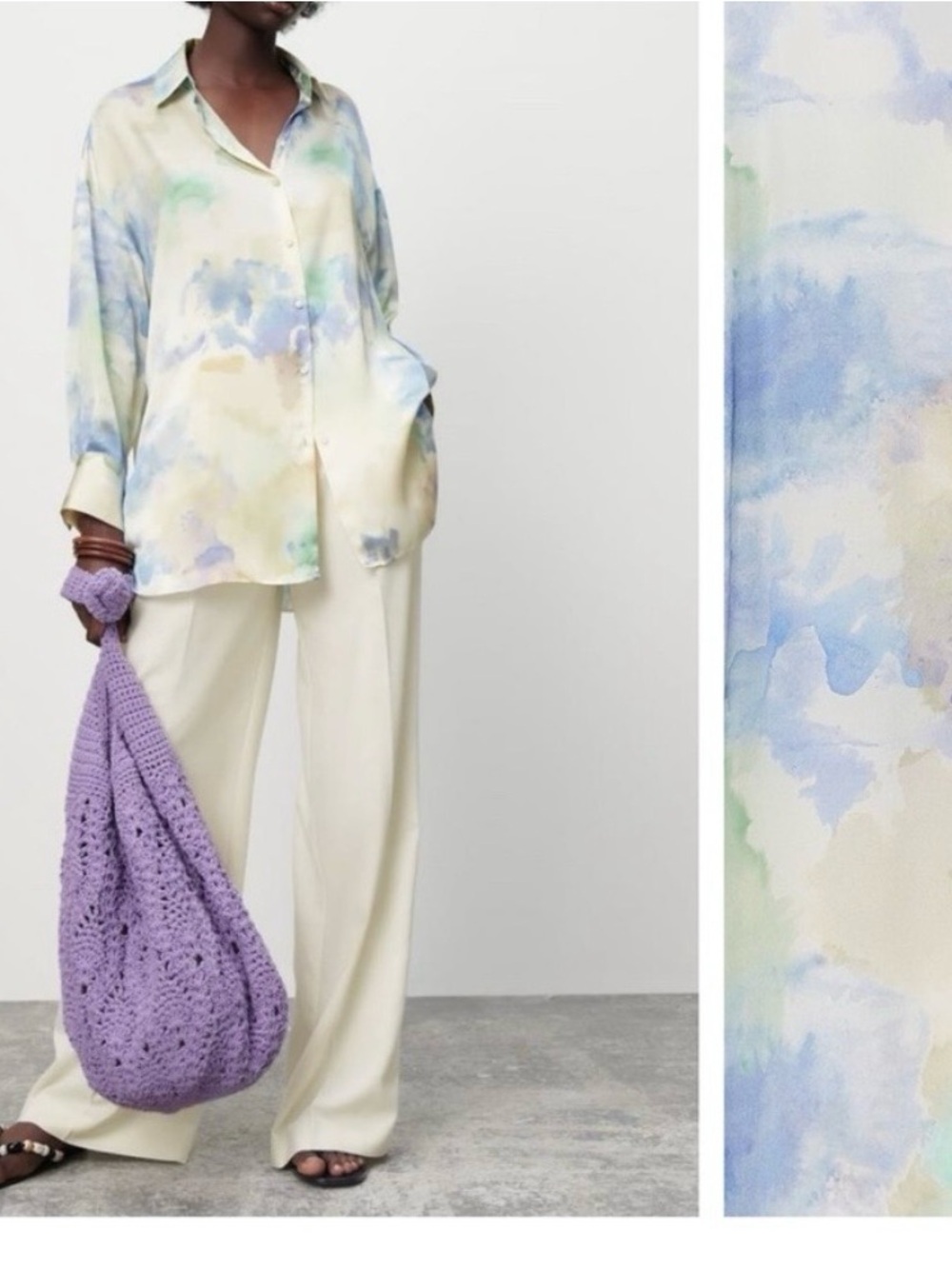 Zara Oversized Satin Effect Water Colored Blouse Shirt Size Small